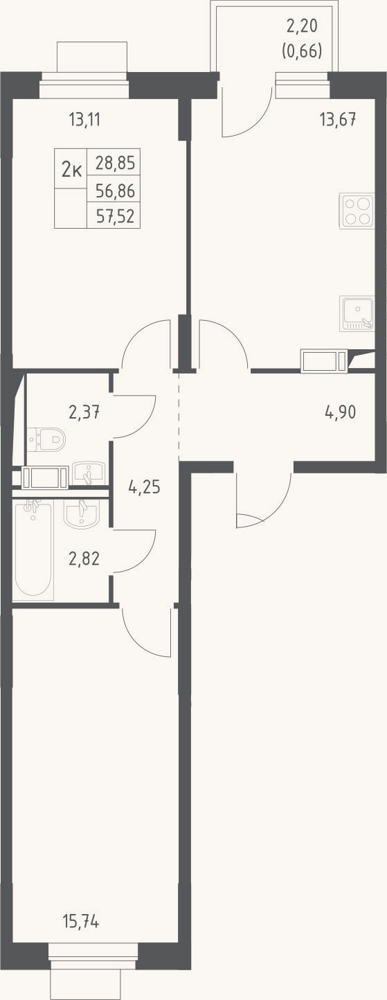 Планировка: 2-к, 56,9 м²