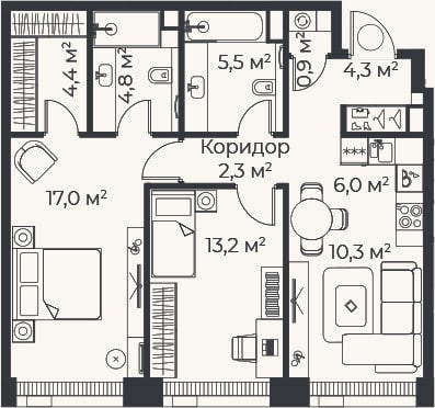 Планировка: 3-к, 68,5 м²