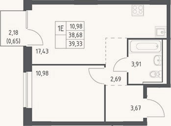 Планировка: 2-к, 38,7 м²