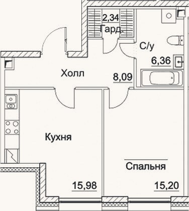 Планировка: 2-к, 48 м²
