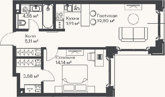Планировка: 2-к, 49,4 м²