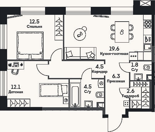 Планировка: 3-к, 63,9 м²