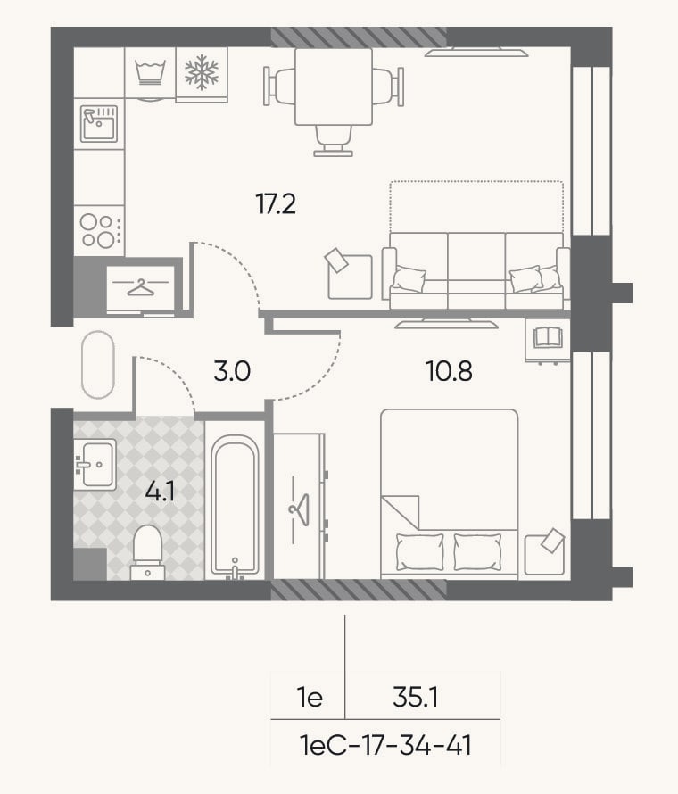 Планировка: 2-к, 35,1 м²