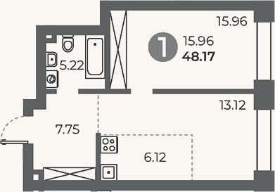 Планировка: 1-к, 48,2 м²