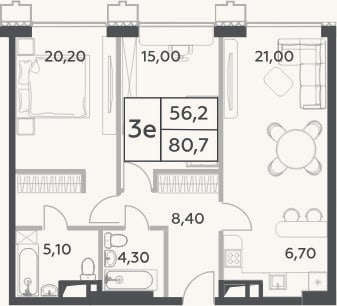 Планировка: 3-к, 80,7 м²