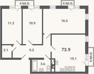 Планировка: 4+ к, 72,6 м²
