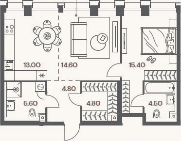 Планировка: 2-к, 62,7 м²