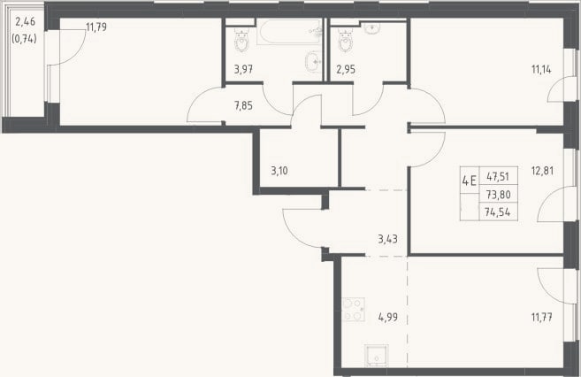 Планировка: 4+ к, 73,8 м²