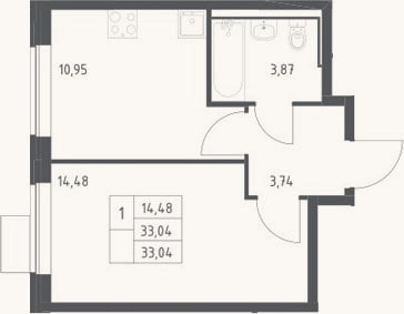 Планировка: 1-к, 33 м²
