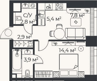 Планировка: 2-к, 37,3 м²