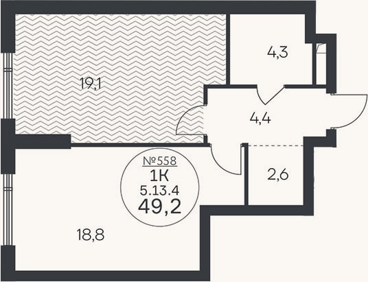 Планировка: 1-к, 49,2 м²