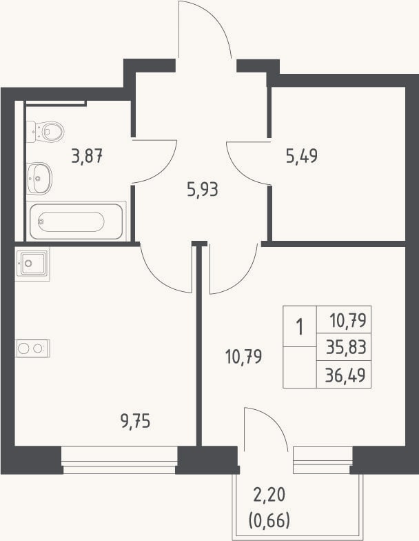 Планировка: 1-к, 34,5 м²