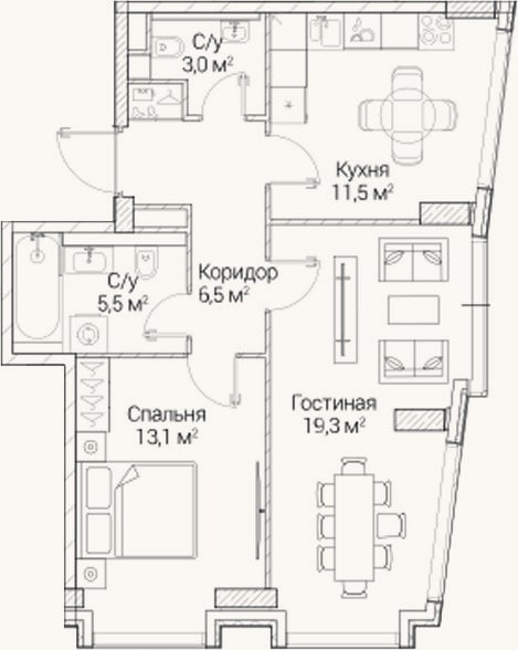 Планировка: 2-к, 58,6 м²