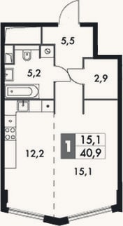 Планировка: Студия, 40,9 м²