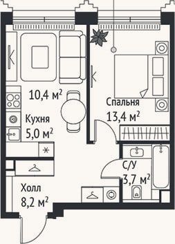 Планировка: 2-к, 40,7 м²