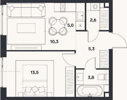 Планировка: 2-к, 40,5 м²