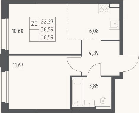 Планировка: 2-к, 36,6 м²