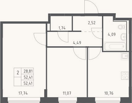 Планировка: 2-к, 52,4 м²
