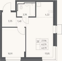 Планировка: 2-к, 40,8 м²