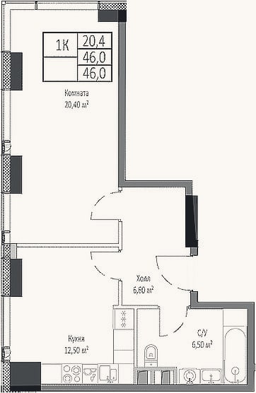 Планировка: 1-к, 46 м²