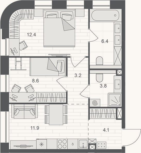 Планировка: 2-к, 50,4 м²