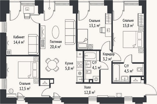 Планировка: 4+ к, 108 м²