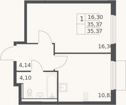 Планировка: 1-к, 35,4 м²