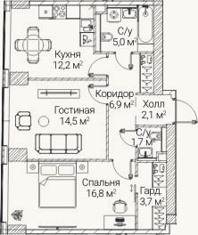 Планировка: 2-к, 62,5 м²
