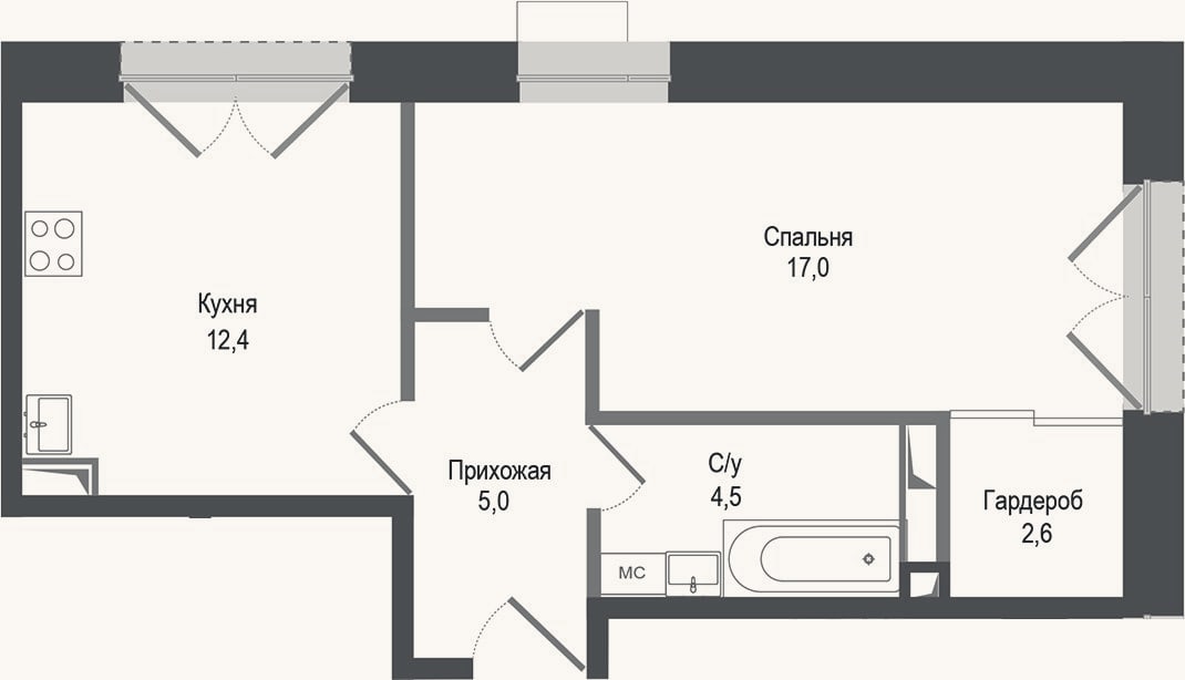 Планировка: 1-к, 41,5 м²