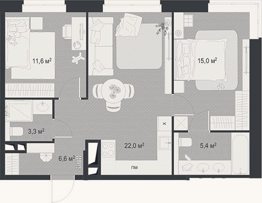 Планировка: 3-к, 63,9 м²