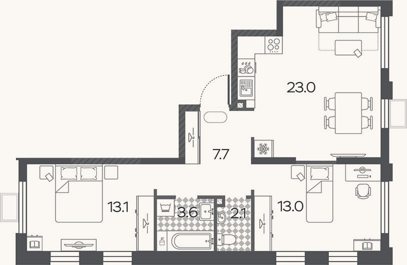 Планировка: 3-к, 62,5 м²