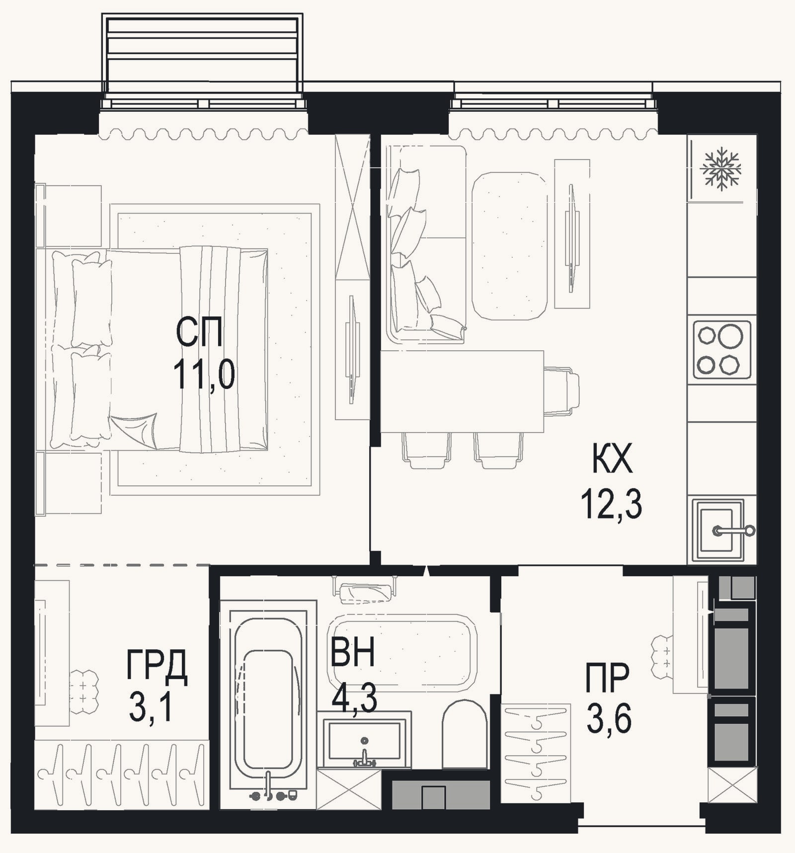 Планировка: 2-к, 34,3 м²
