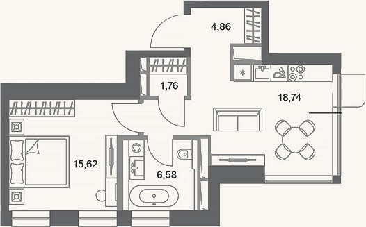 Планировка: 1-к, 47,6 м²