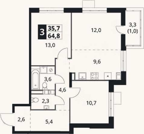 Планировка: 3-к, 63,8 м²