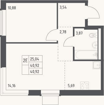 Планировка: 2-к, 40,9 м²
