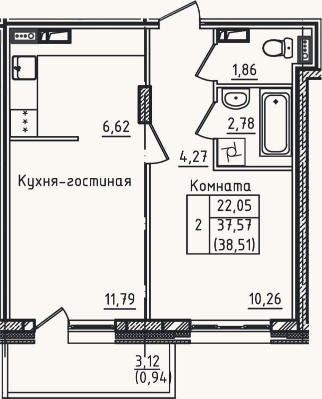 Планировка: 2-к, 37,6 м²