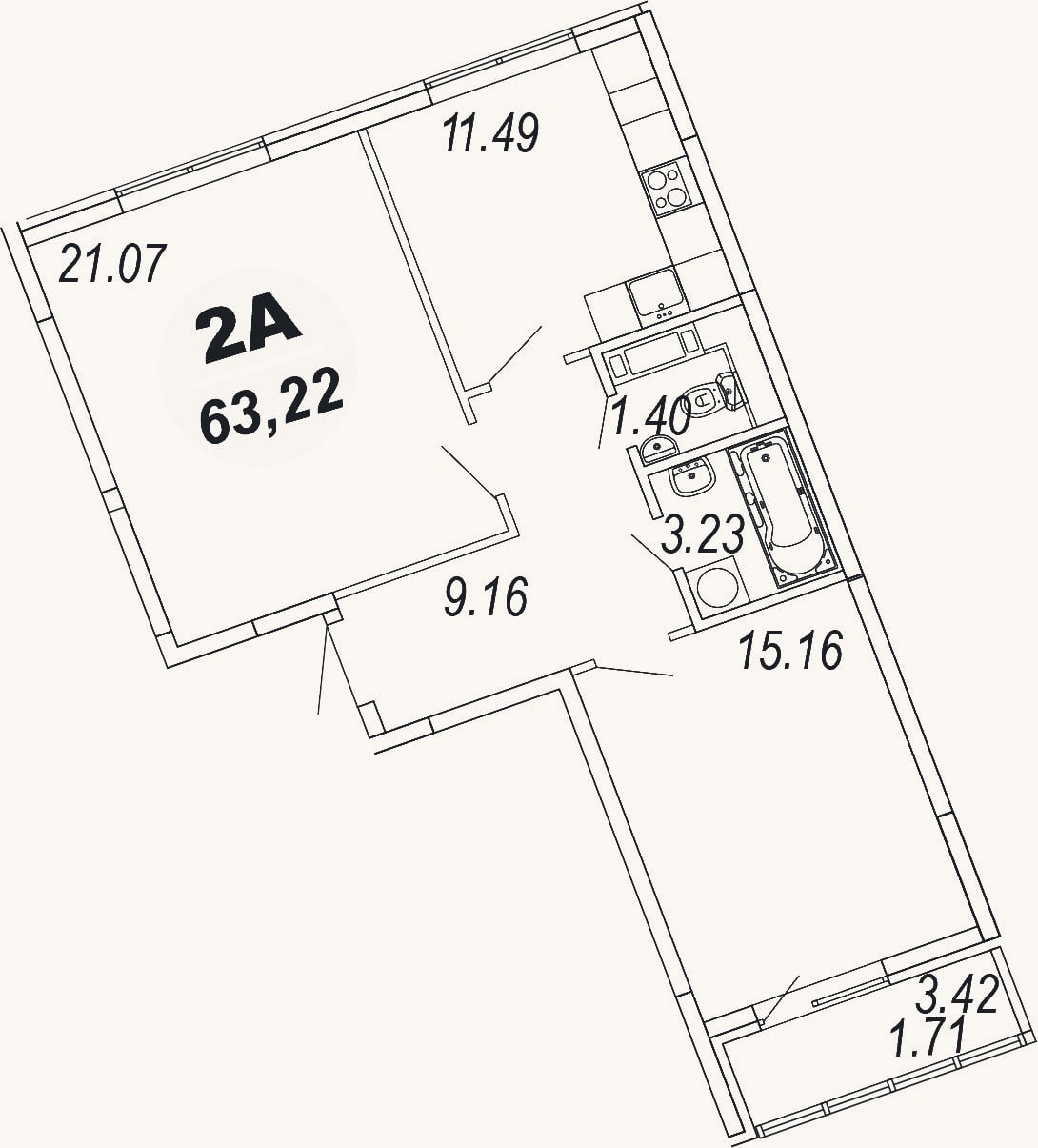 Планировка: 2-к, 61,5 м²