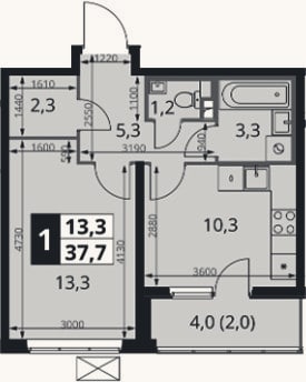 Планировка: 1-к, 35,7 м²