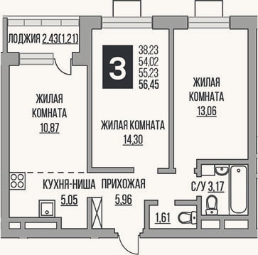Планировка: 3-к, 54 м²