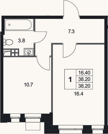 Планировка: 1-к, 38,2 м²