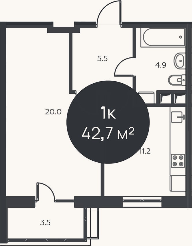 Планировка: 1-к, 41,6 м²