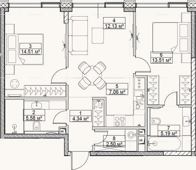 Планировка: 3-к, 64,8 м²