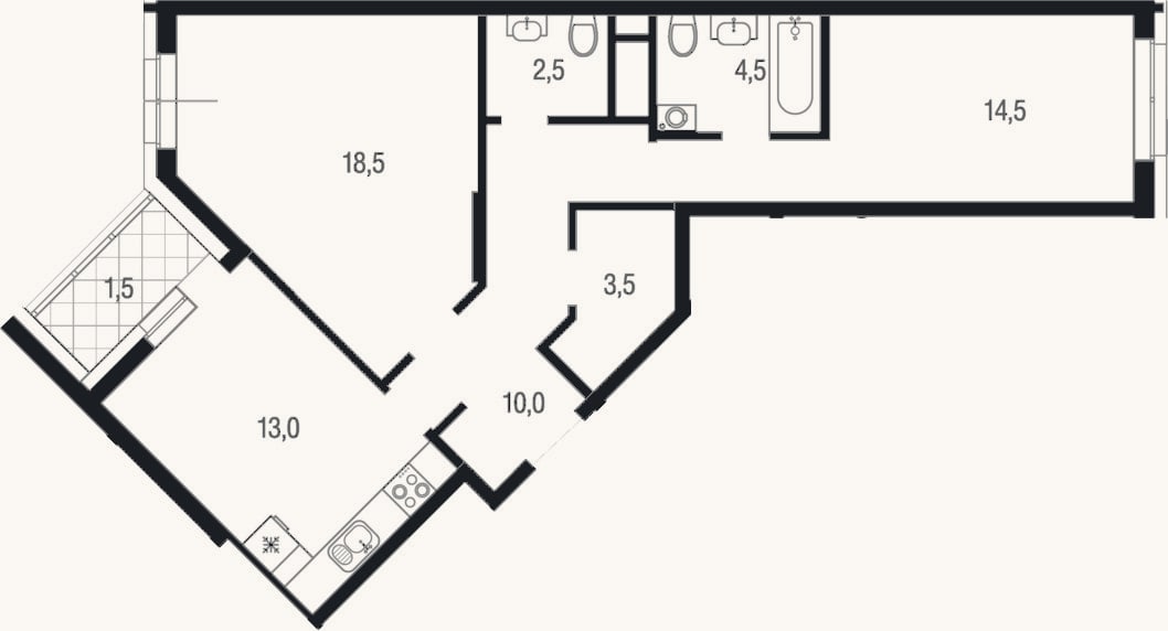 Планировка: 2-к, 66,5 м²