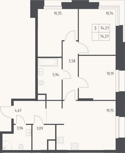 Планировка: 3-к, 74,3 м²