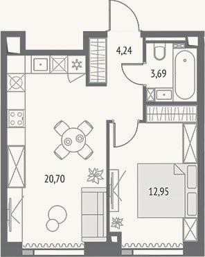 Планировка: 2-к, 41,6 м²