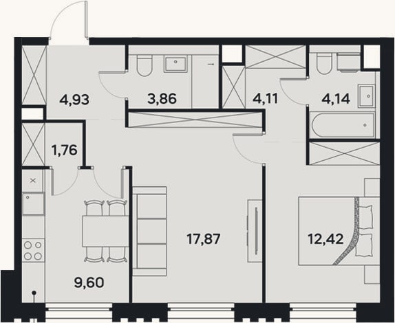 Планировка: 2-к, 58,7 м²