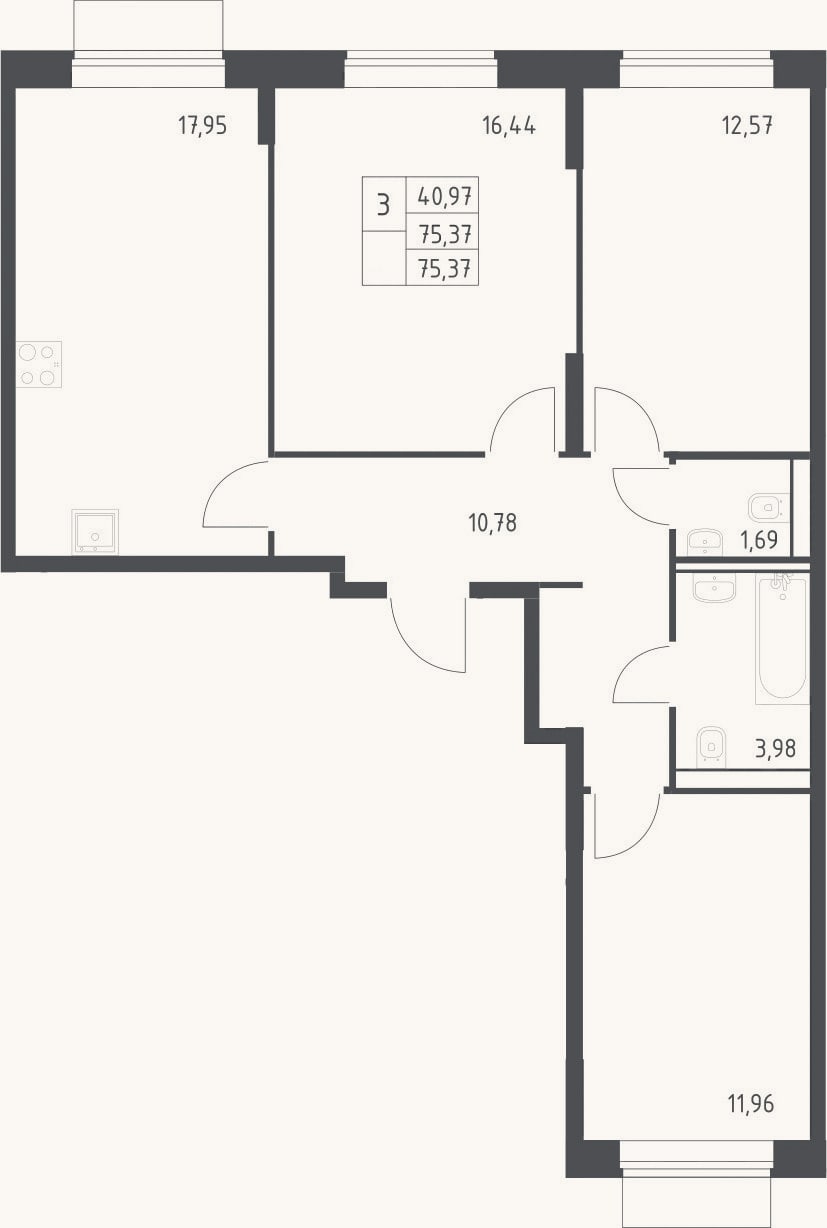 Планировка: 3-к, 75,4 м²