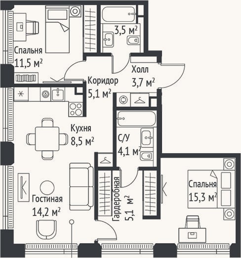 Планировка: 3-к, 70,9 м²