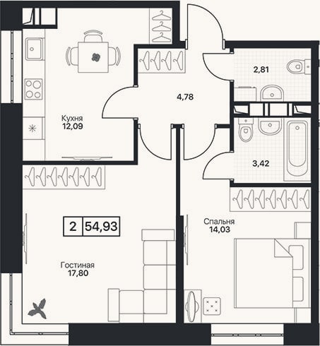 Планировка: 2-к, 54,3 м²