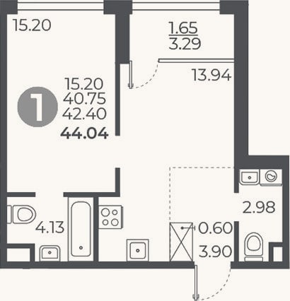 Планировка: 1-к, 40,8 м²